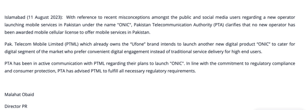 Pakistan telecom authority(PTA) order ONIC to immediately close its operations in Pakistan