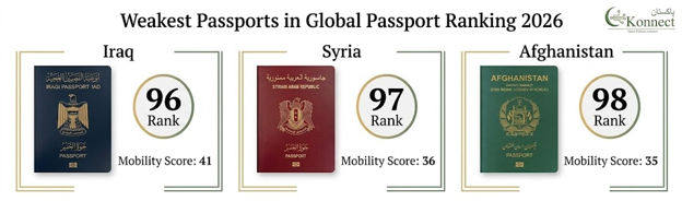 Pakistan Passport Global Ranking 2026. Receives Global Rank of 95 on the Passport Index 2026, and a Mobility score of 42.